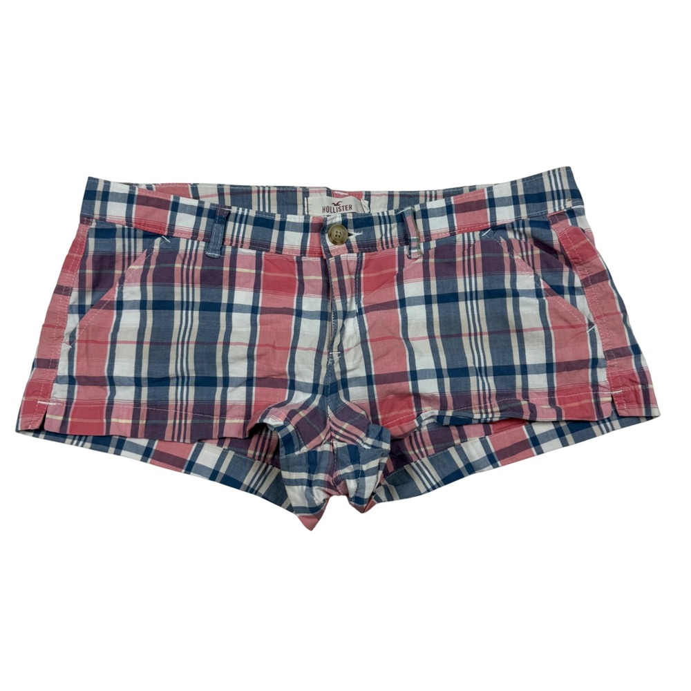 VTG Y2K Hollister Plaid‎ Ultra Low Rise Mini Micro Shorts Pink White Blue Size 9